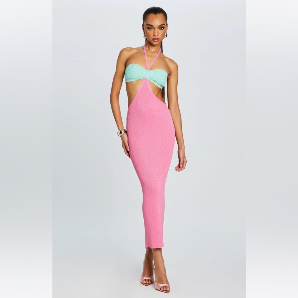 Retrofete Pink and Blue Fit and Flare Maxi Dress
